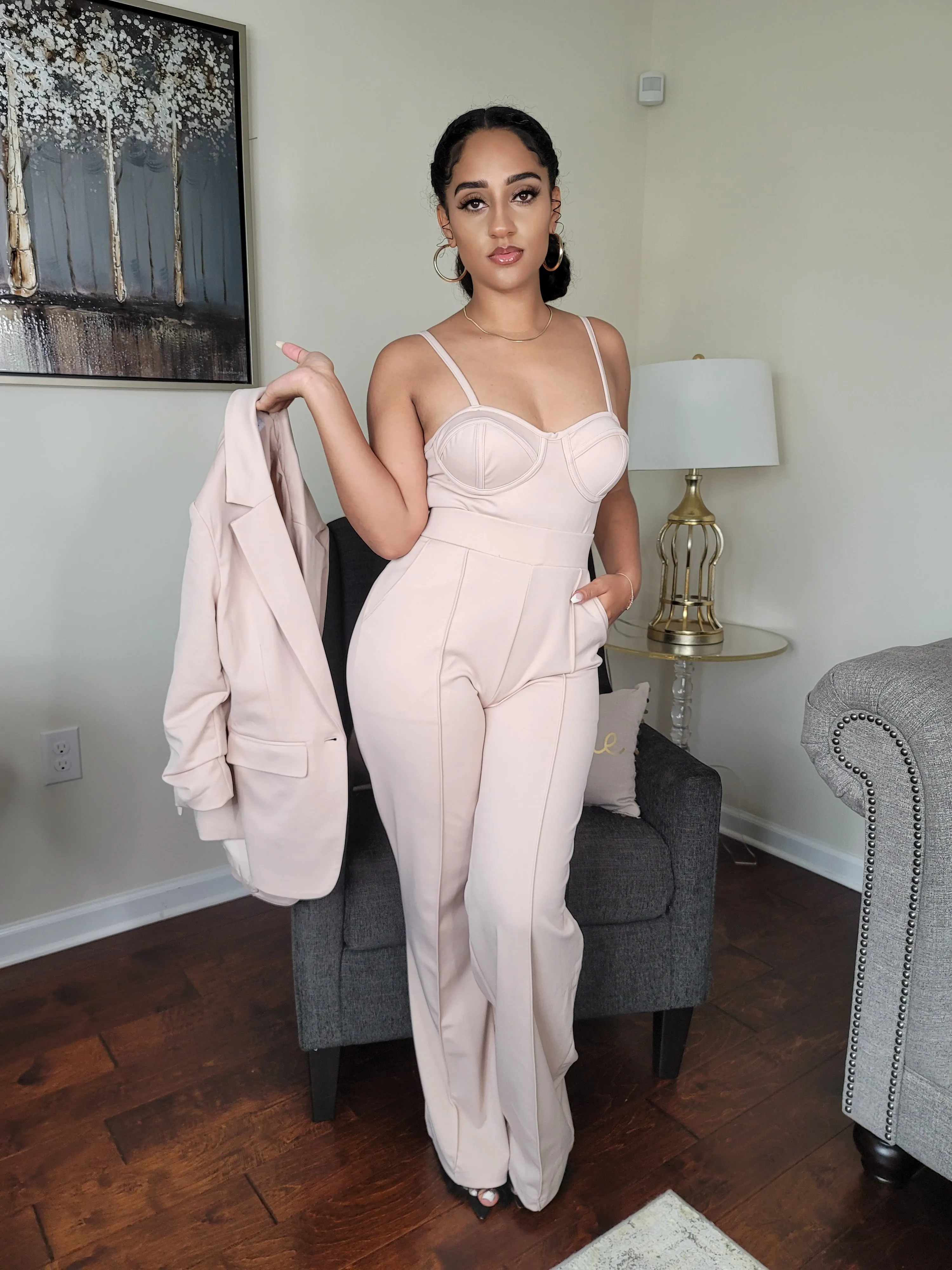 Jasmine | Beige Three Piece Stretch Heavy Knit Suit