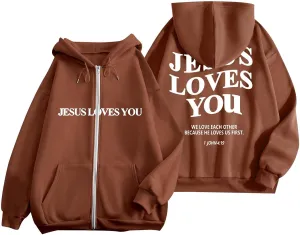 Jesus Loves You Zip Up Christian Hoodies for Women Bible Verse Oversized Long Sleeve Pockets Drawstring Sweatshirts