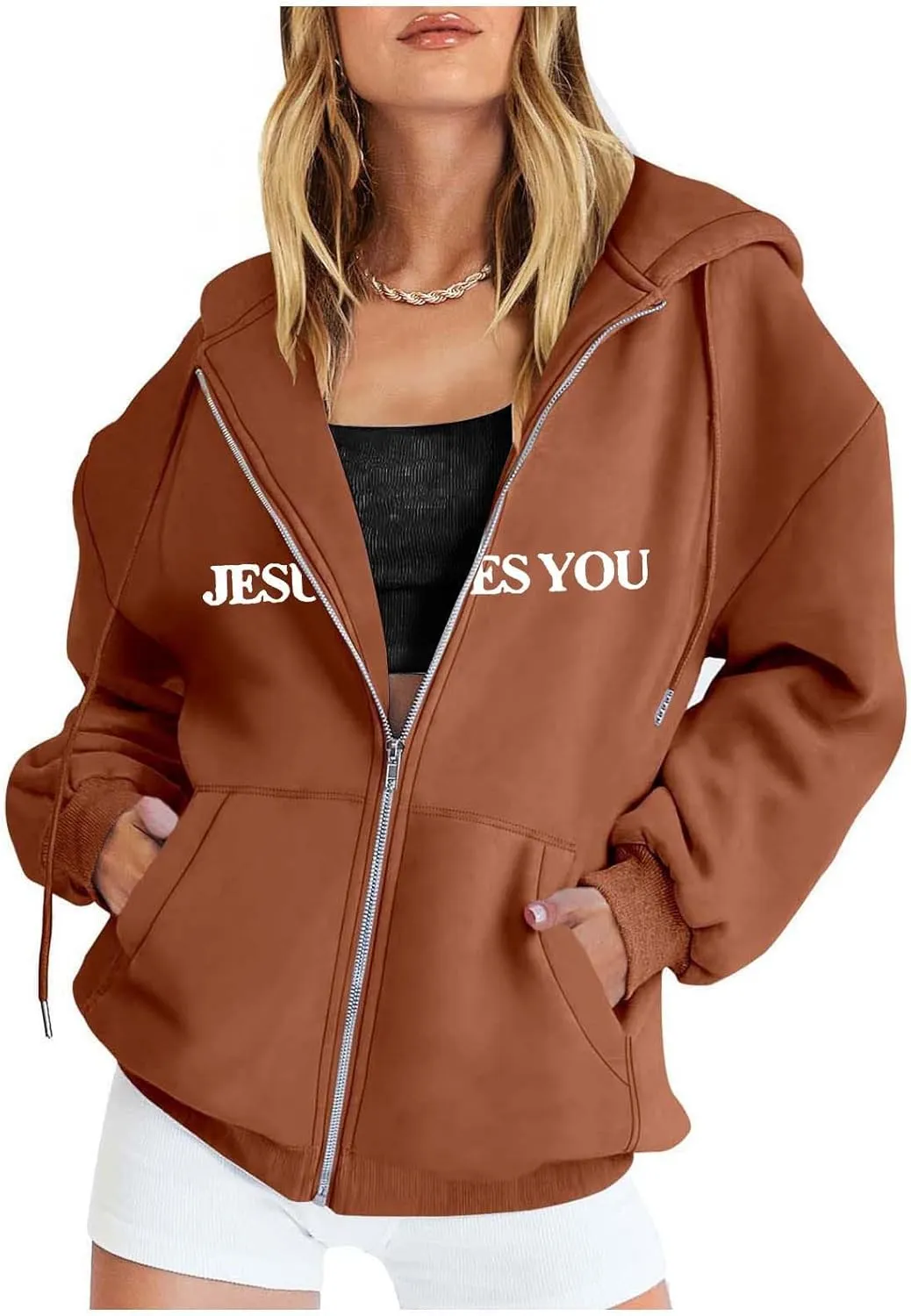 Jesus Loves You Zip Up Christian Hoodies for Women Bible Verse Oversized Long Sleeve Pockets Drawstring Sweatshirts