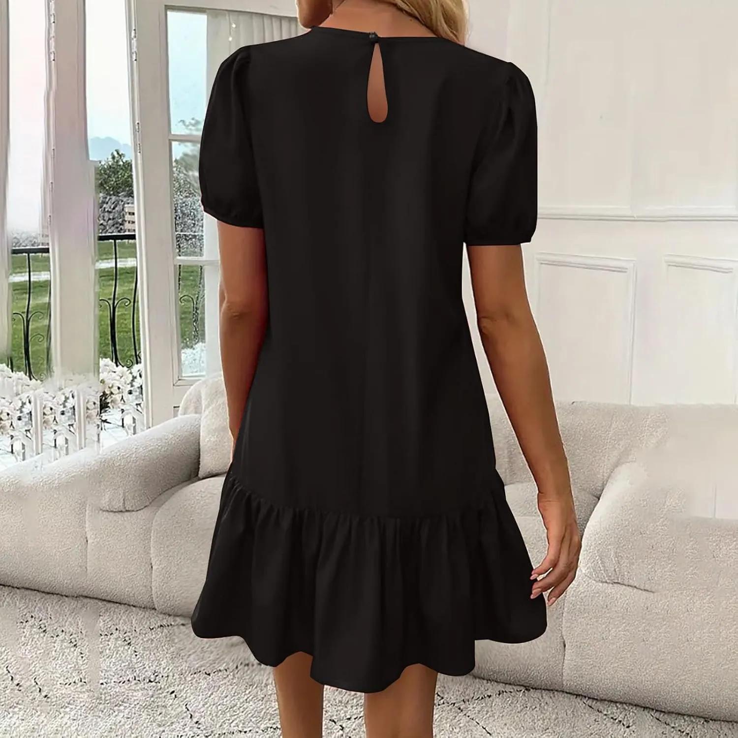 JOAU Women Summer Casual Boho Crew Neck Short Puff Sleeve A-Line Mini Dress Loose Ruffle Hem Flowy Dress 2025 Trendy Clothes