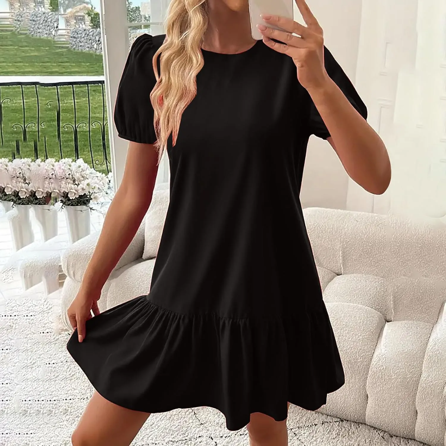 JOAU Women Summer Casual Boho Crew Neck Short Puff Sleeve A-Line Mini Dress Loose Ruffle Hem Flowy Dress 2025 Trendy Clothes