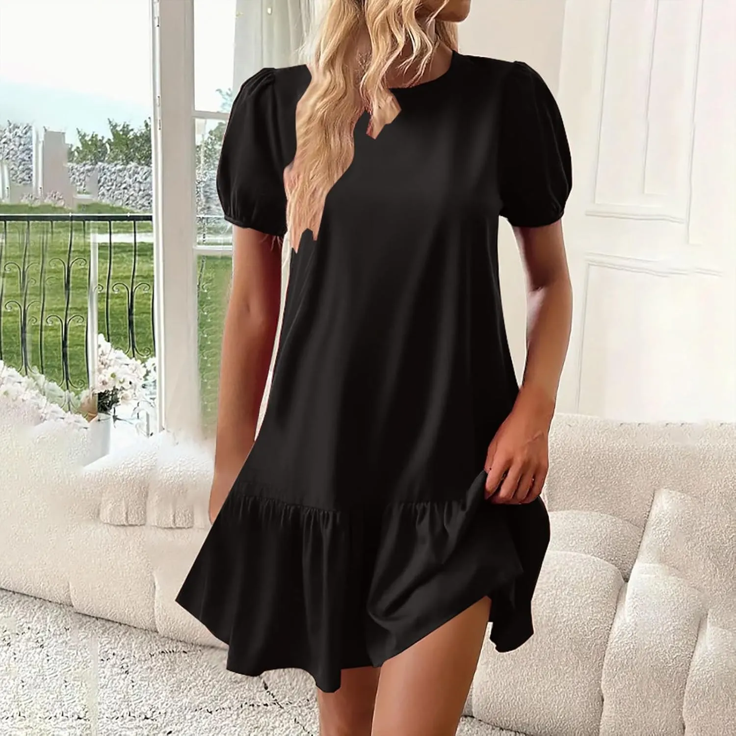 JOAU Women Summer Casual Boho Crew Neck Short Puff Sleeve A-Line Mini Dress Loose Ruffle Hem Flowy Dress 2025 Trendy Clothes