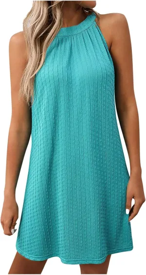 JOAU Women's Cute Halter Neck Sleeveless Mini Dress Summer Loose Solid Color Flowy Pleated Textured Beach Vacation Sundress
