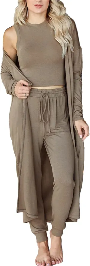 JTLB Women Pajamas Set Fall Winter Home Outfits Set 3 Piece Loungewear Set Vest Pants Cardigan Set (M)