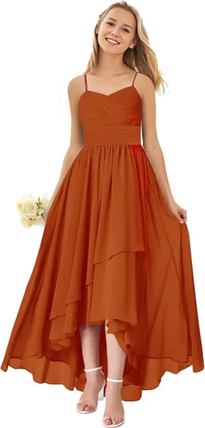 Junior Bridesmaid Dresses for Wedding High Low Chiffon Pleated Spaghetti Straps Formal Party Gown