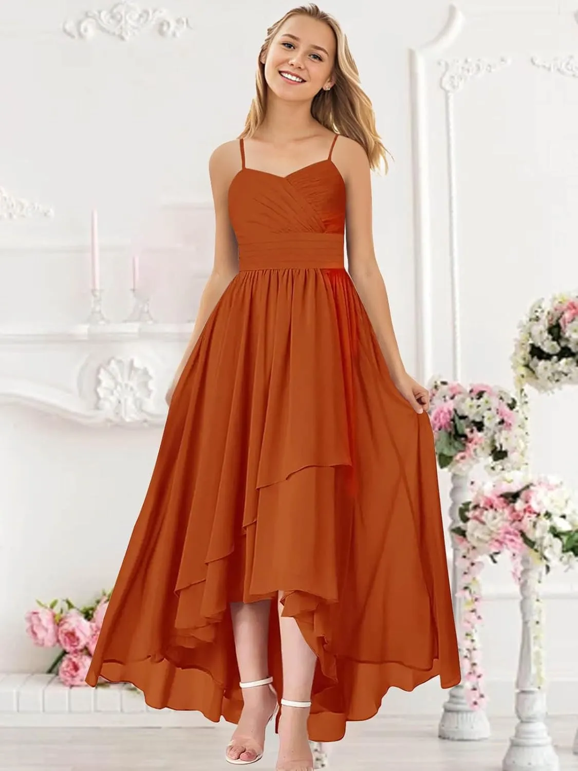 Junior Bridesmaid Dresses for Wedding High Low Chiffon Pleated Spaghetti Straps Formal Party Gown