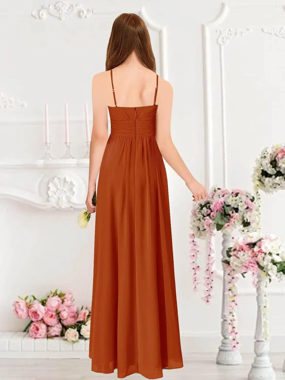 Junior Bridesmaid Dresses for Wedding High Low Chiffon Pleated Spaghetti Straps Formal Party Gown