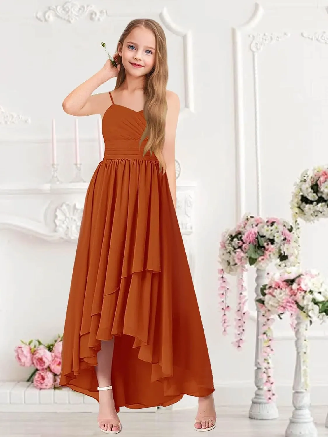 Junior Bridesmaid Dresses for Wedding High Low Chiffon Pleated Spaghetti Straps Formal Party Gown