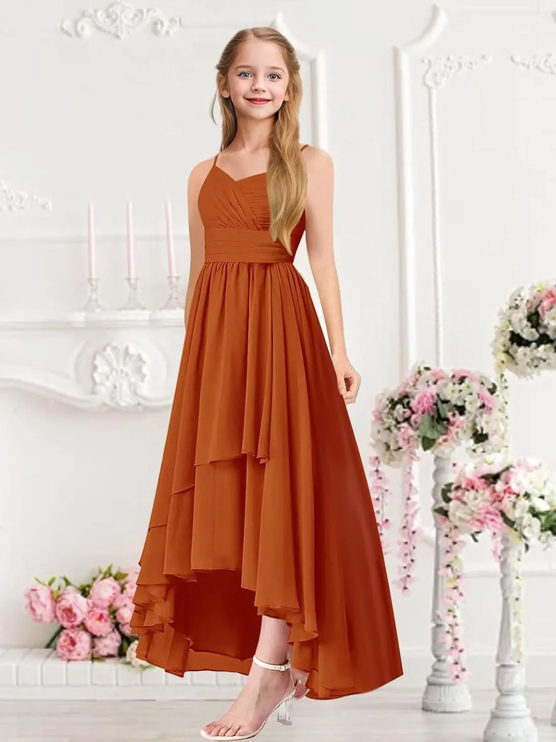 Junior Bridesmaid Dresses for Wedding High Low Chiffon Pleated Spaghetti Straps Formal Party Gown