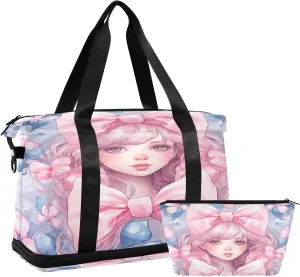 Kawaii Bows Pattern Sports Gym Bag with Waterproof Dry Wet Pocket, Travel Duffel Bag for Women MenWorkout Bag Fits Yoga, Swimming