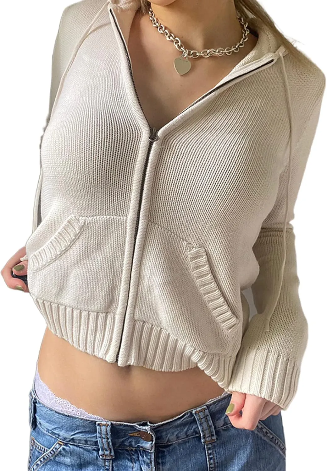 KMBANGI Zip Up Crop Hoodies for Women Knitted Vintage Hooded Pullover Y2k Ribbed Knit Drawstring Sweatshirt with Pocket