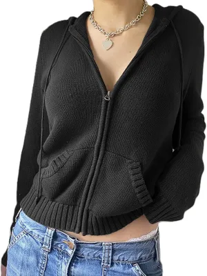 KMBANGI Zip Up Crop Hoodies for Women Knitted Vintage Hooded Pullover Y2k Ribbed Knit Drawstring Sweatshirt with Pocket