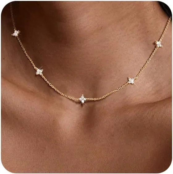 KSF Gold Choker Necklace for Women - Beaded Necklace 18K Gold Plated Dainty Choker Necklaces for Women Trendy Cute Beaded Cubic Zirconia Heart Flower Chain Jewelry Gift Waterproof