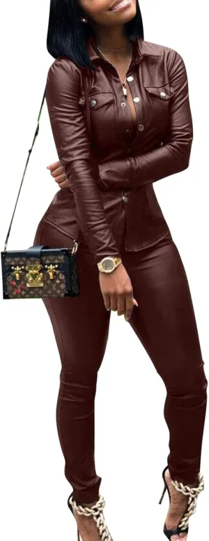ksotutm Women 2 Piece Outfits Button Pocket Lapel Jacket Top And High Waist Leather Pencil Pants Set