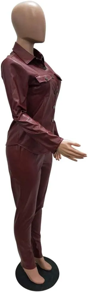 ksotutm Women 2 Piece Outfits Button Pocket Lapel Jacket Top And High Waist Leather Pencil Pants Set