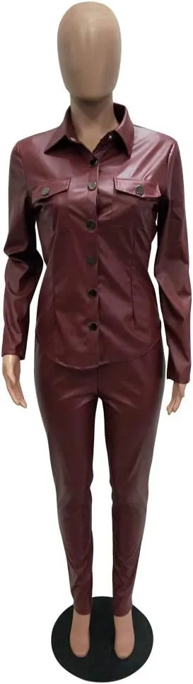 ksotutm Women 2 Piece Outfits Button Pocket Lapel Jacket Top And High Waist Leather Pencil Pants Set