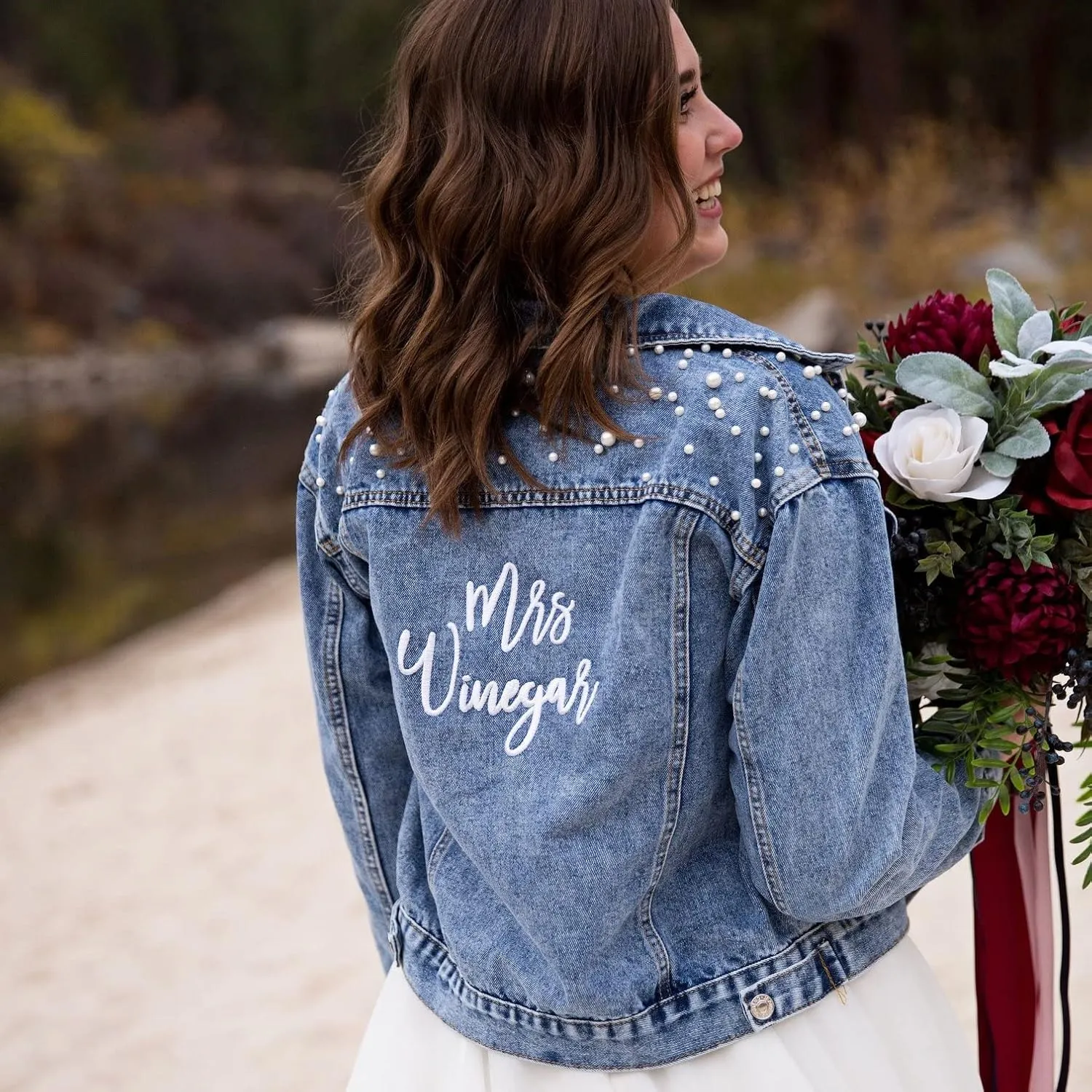 KUTXA Customized Women's Pearl Denim jackets Future Mrs. Jacket Wedding Jacket Wifey Jacket,Oversized Loose and well-made.