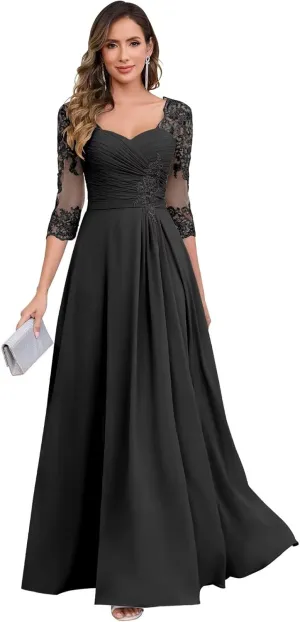 Lace Chiffon Mother of The Bride Dresses for Women Long A Line Pleated Formal Evening Dress with Sleeves