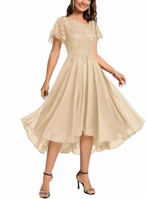 Lace Mother Bride Dresses Tea Length Chiffon Formal Dress Asymmetrical Cocktail Party Gowns with Ruffle Short Sleeve RO64