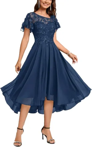 Lace Mother Bride Dresses Tea Length Chiffon Formal Dress Asymmetrical Cocktail Party Gowns with Ruffle Short Sleeve RO64