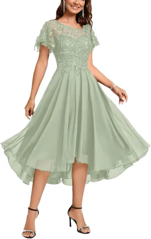 Lace Mother Bride Dresses Tea Length Chiffon Formal Dress Asymmetrical Cocktail Party Gowns with Ruffle Short Sleeve RO64