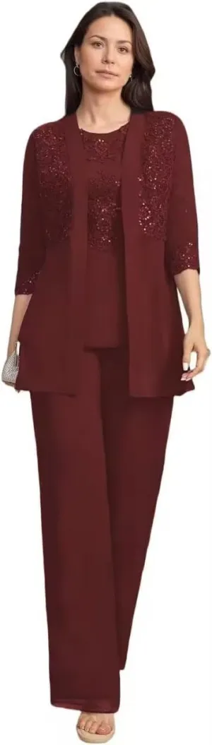 Lace Sequin Mother of The Bride Pant Suits with Jackets 3 Pieces 3/4 Sleeve Mother of The Groom Dresses for Wedding
