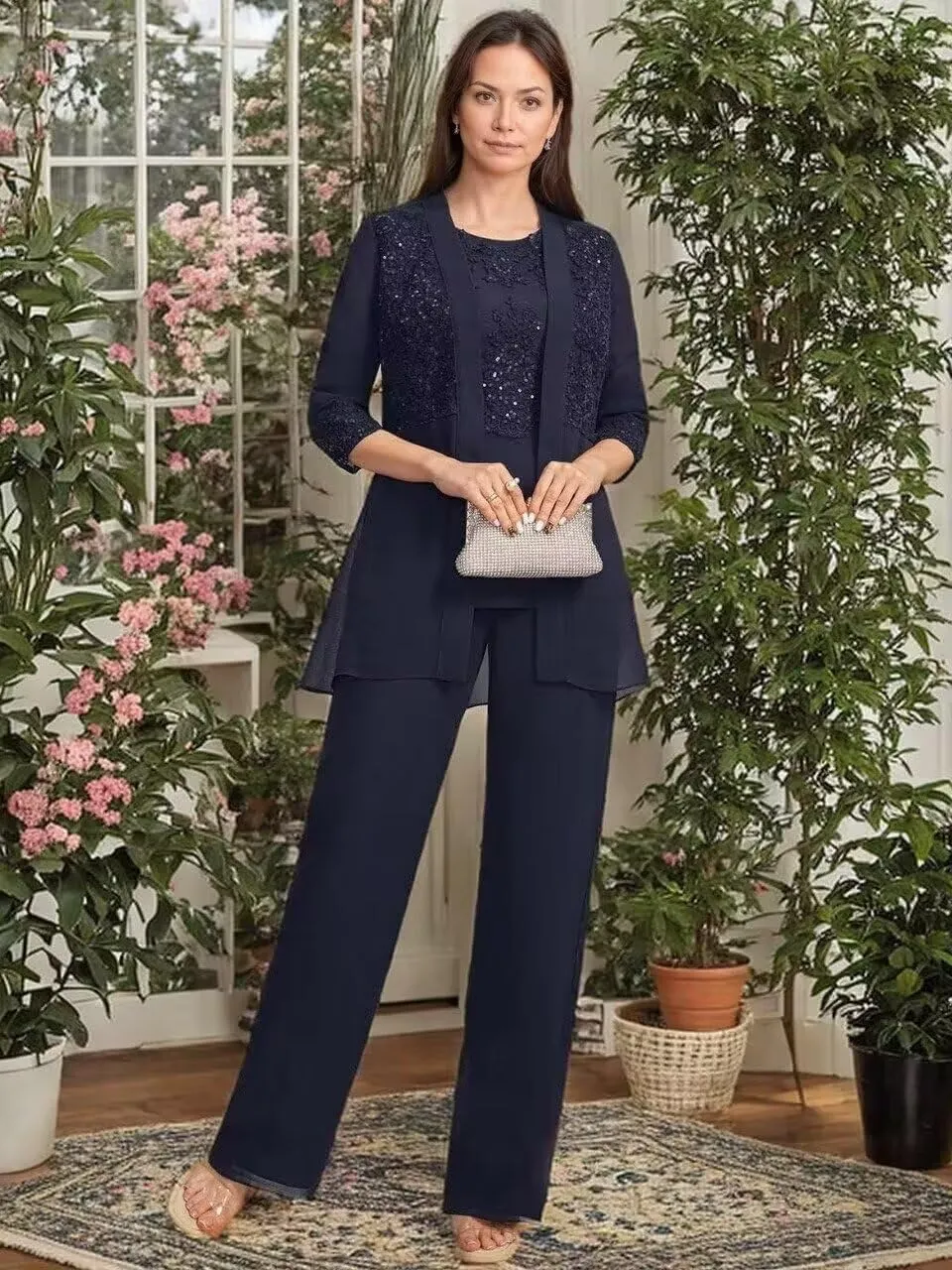 Lace Sequin Mother of The Bride Pant Suits with Jackets 3 Pieces 3/4 Sleeve Mother of The Groom Dresses for Wedding