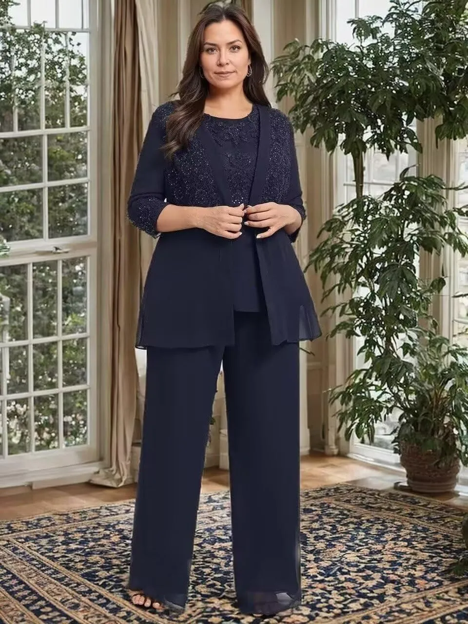 Lace Sequin Mother of The Bride Pant Suits with Jackets 3 Pieces 3/4 Sleeve Mother of The Groom Dresses for Wedding