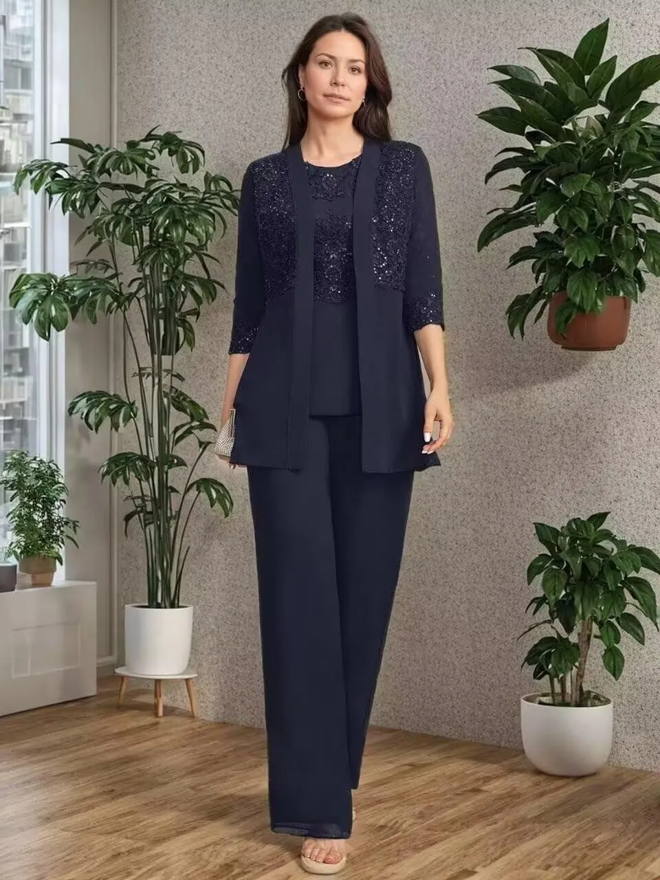 Lace Sequin Mother of The Bride Pant Suits with Jackets 3 Pieces 3/4 Sleeve Mother of The Groom Dresses for Wedding
