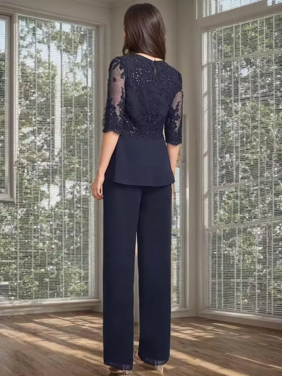 Lace Sequin Mother of The Bride Pant Suits with Jackets 3 Pieces 3/4 Sleeve Mother of The Groom Dresses for Wedding