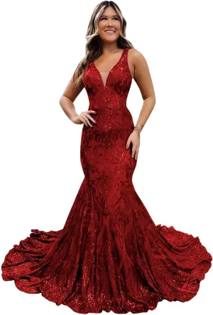 Lace Sequin Prom Dress Sparkly Long V Neck Mermaid Formal Evening Ball Gown for Women