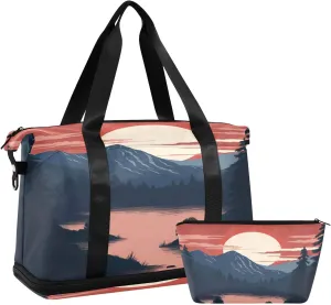 Lake with A Sunset Sports Gym Bag with Waterproof Dry Wet Pocket, Travel Duffel Bag for Women MenWorkout Bag Fits Yoga, Swimming