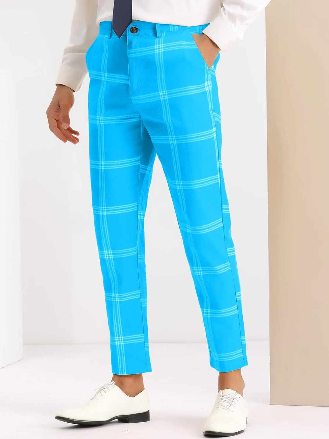 Lars Amadeus Men's Plaid Dress Pants Casual Slim Fit Flat Front Checked Printed Business Trousers