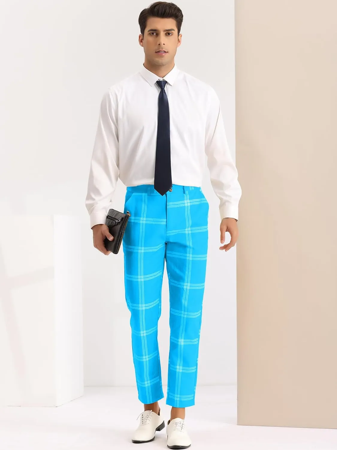 Lars Amadeus Men's Plaid Dress Pants Casual Slim Fit Flat Front Checked Printed Business Trousers