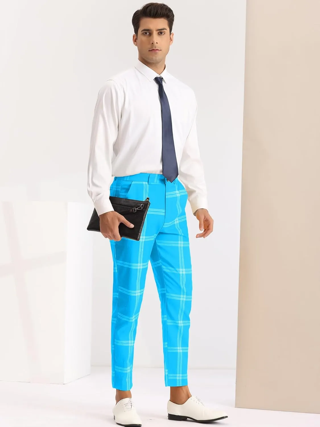 Lars Amadeus Men's Plaid Dress Pants Casual Slim Fit Flat Front Checked Printed Business Trousers