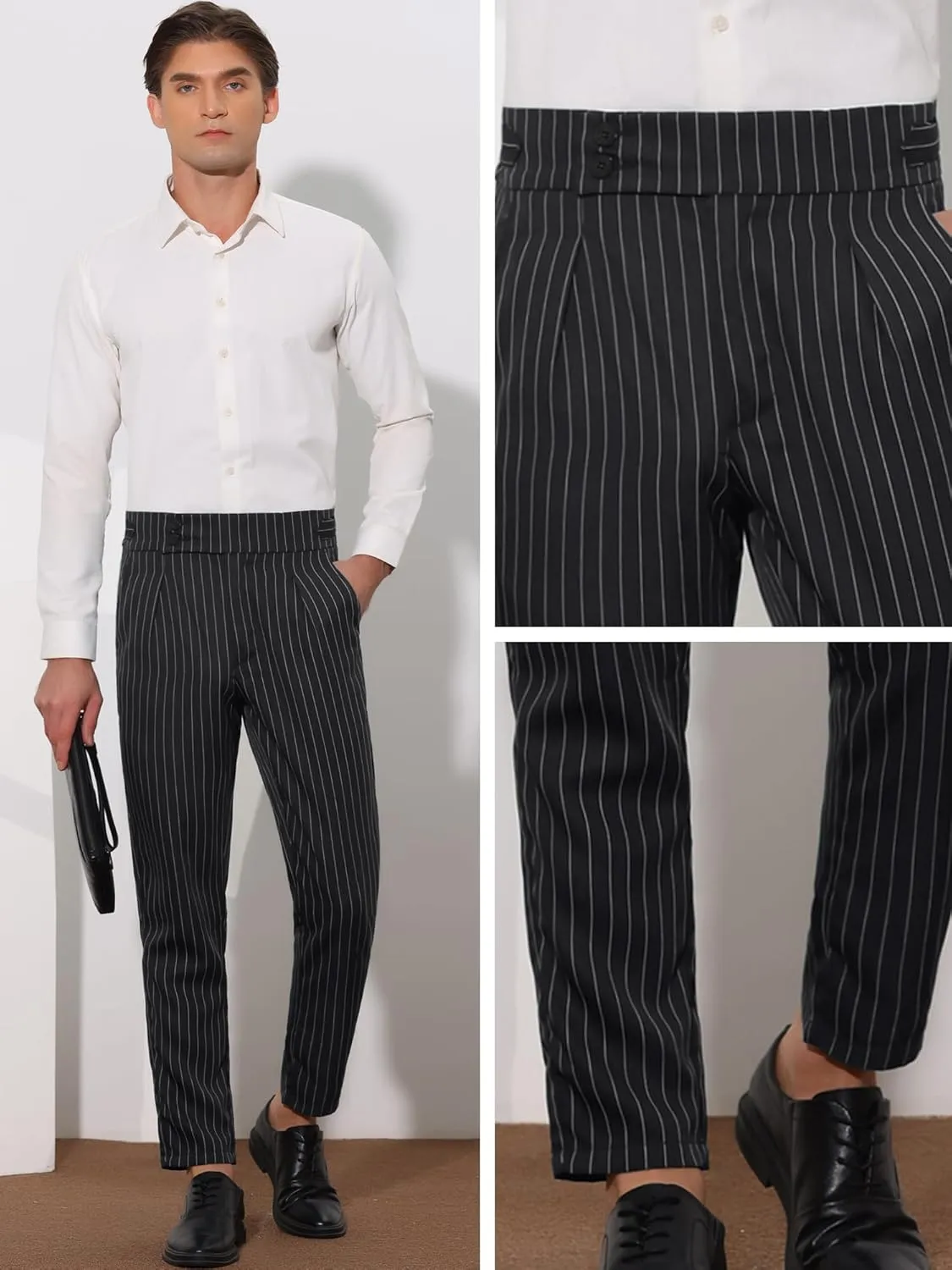 Lars Amadeus Striped Tapered Pants for Men's Pleated Front Formal Dress Pants