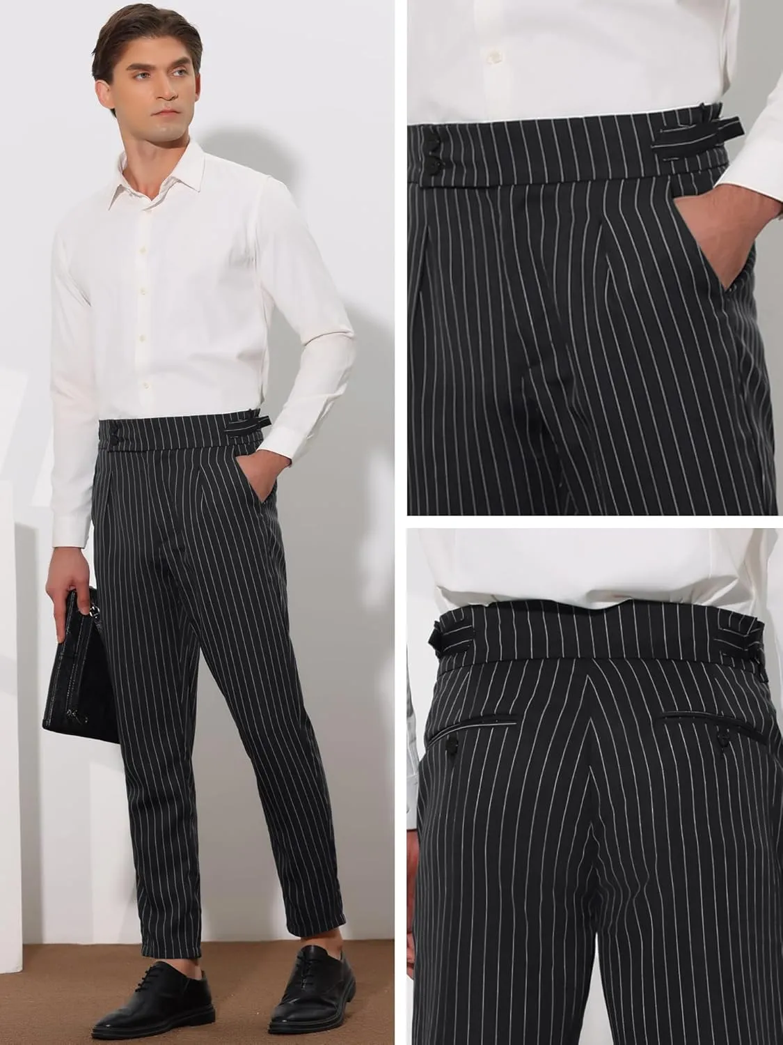 Lars Amadeus Striped Tapered Pants for Men's Pleated Front Formal Dress Pants