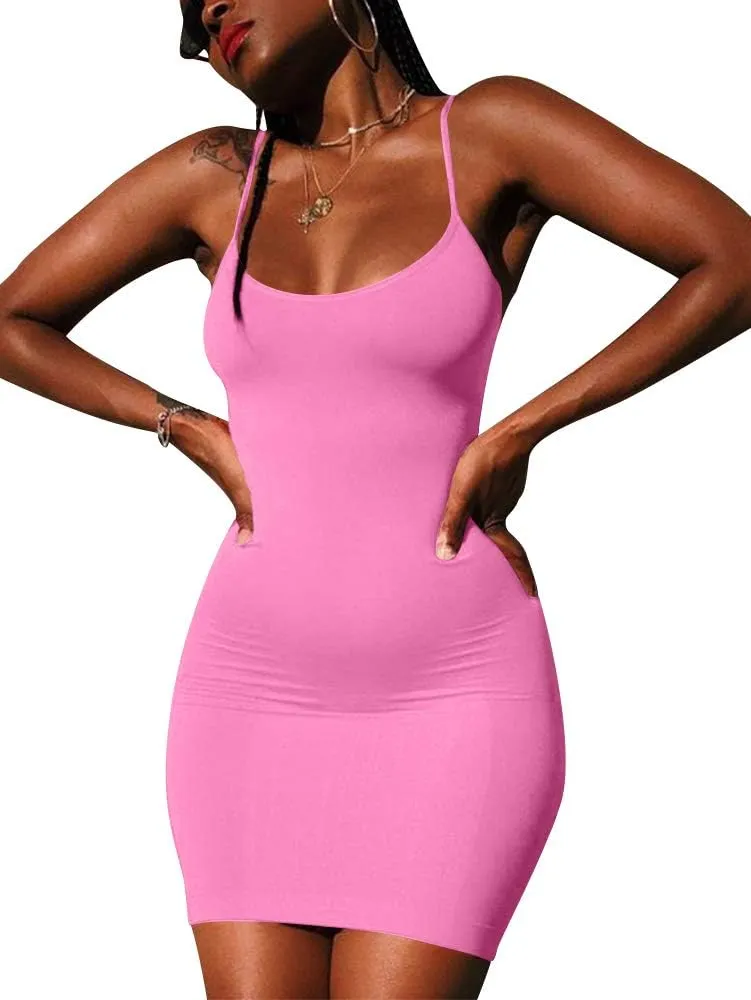 LCNBA Sexy Spaghetti Strap Tank Dress Basic Backless Bodycon Club Party Mini Dress