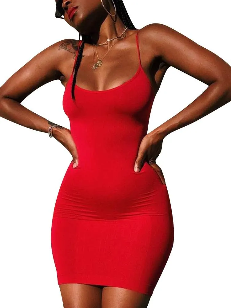 LCNBA Sexy Spaghetti Strap Tank Dress Basic Backless Bodycon Club Party Mini Dress