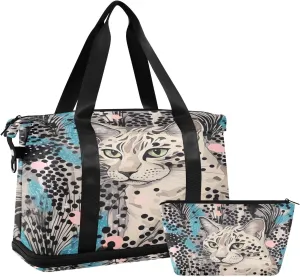 Leopard Cat Sports Gym Bag with Waterproof Dry Wet Pocket, Travel Duffel Bag for Women MenWorkout Bag Fits Yoga, Swimming