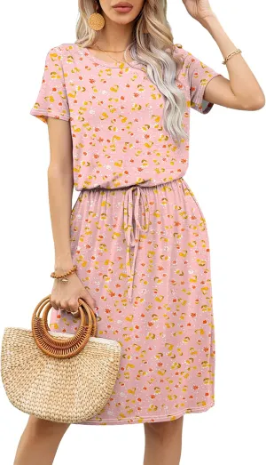 levaca Womens Summer Casual Dress Belly Drawstring Beach Coverup Short Sleeve 2025 Outfit Midi Sundress with Pockets