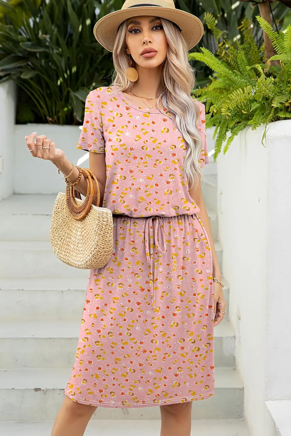 levaca Womens Summer Casual Dress Belly Drawstring Beach Coverup Short Sleeve 2025 Outfit Midi Sundress with Pockets