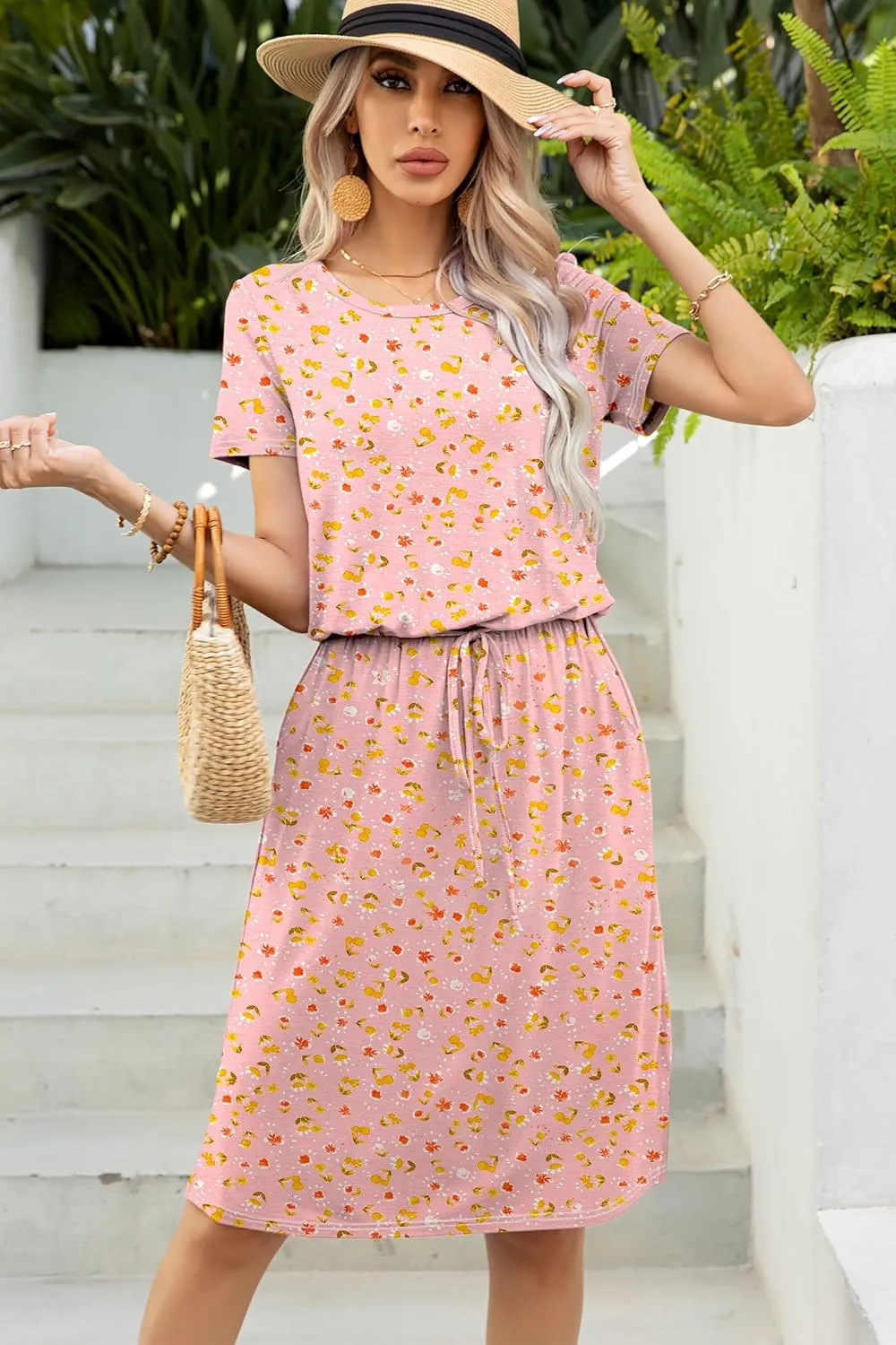 levaca Womens Summer Casual Dress Belly Drawstring Beach Coverup Short Sleeve 2025 Outfit Midi Sundress with Pockets