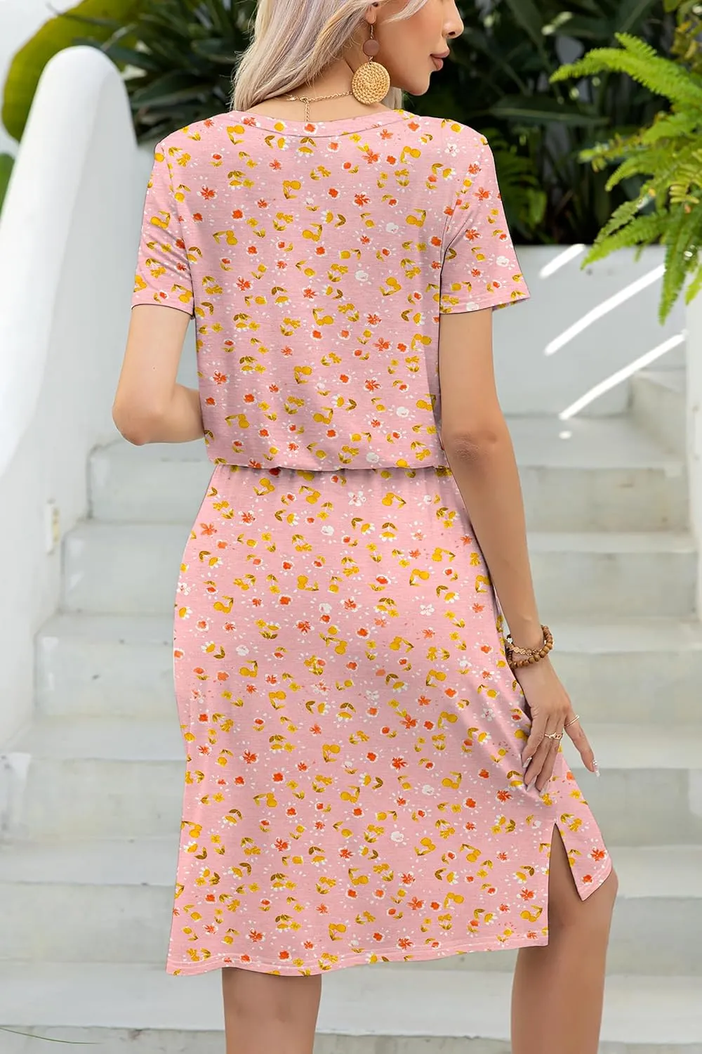 levaca Womens Summer Casual Dress Belly Drawstring Beach Coverup Short Sleeve 2025 Outfit Midi Sundress with Pockets