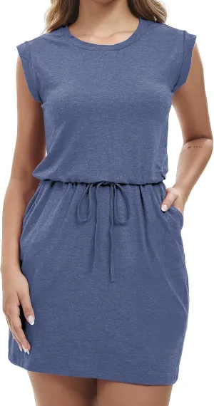 levaca Womens Tshirt Dress Trendy Cap Sleee Drawstring Casual Summer Mini Sundress with Pockets