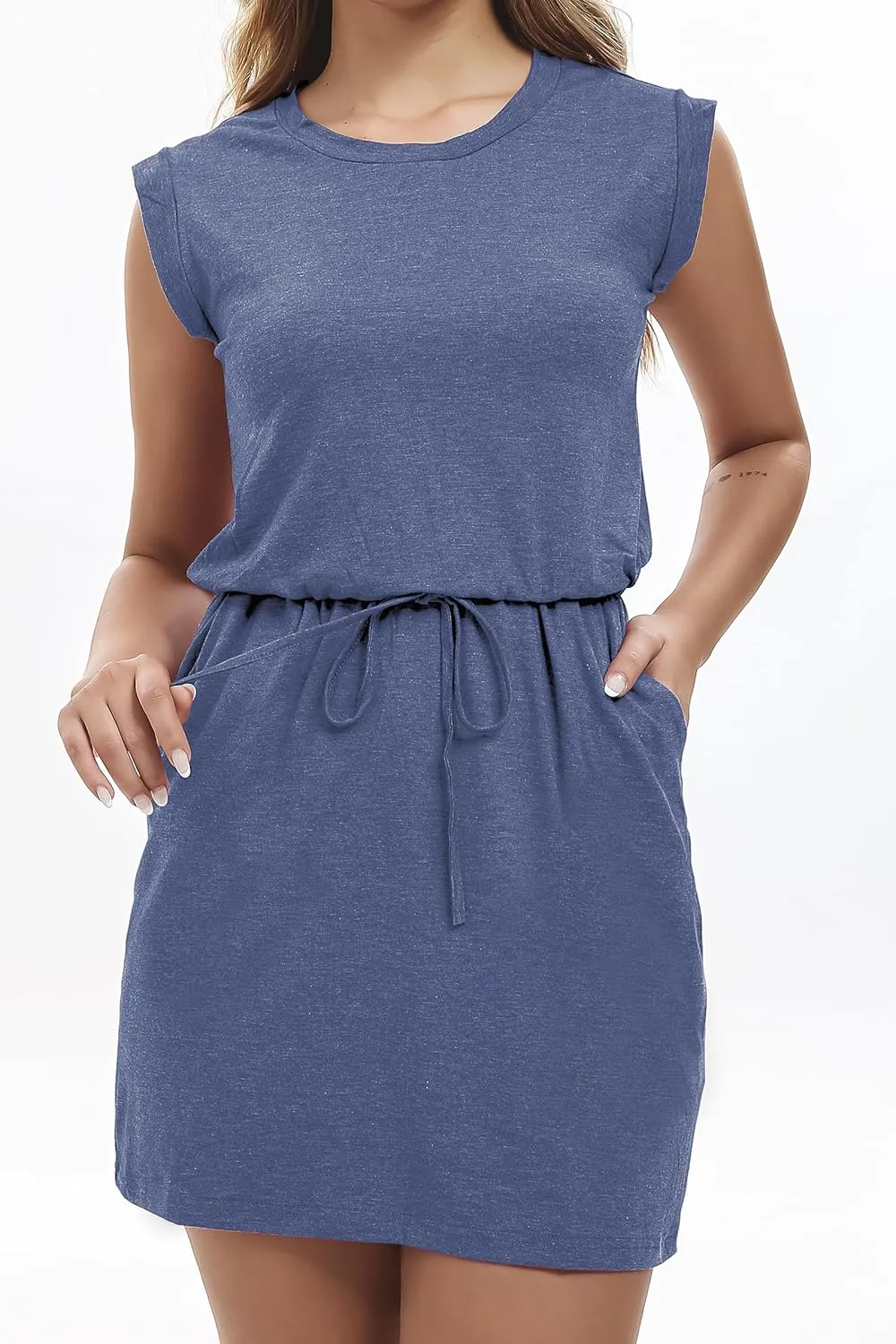 levaca Womens Tshirt Dress Trendy Cap Sleee Drawstring Casual Summer Mini Sundress with Pockets
