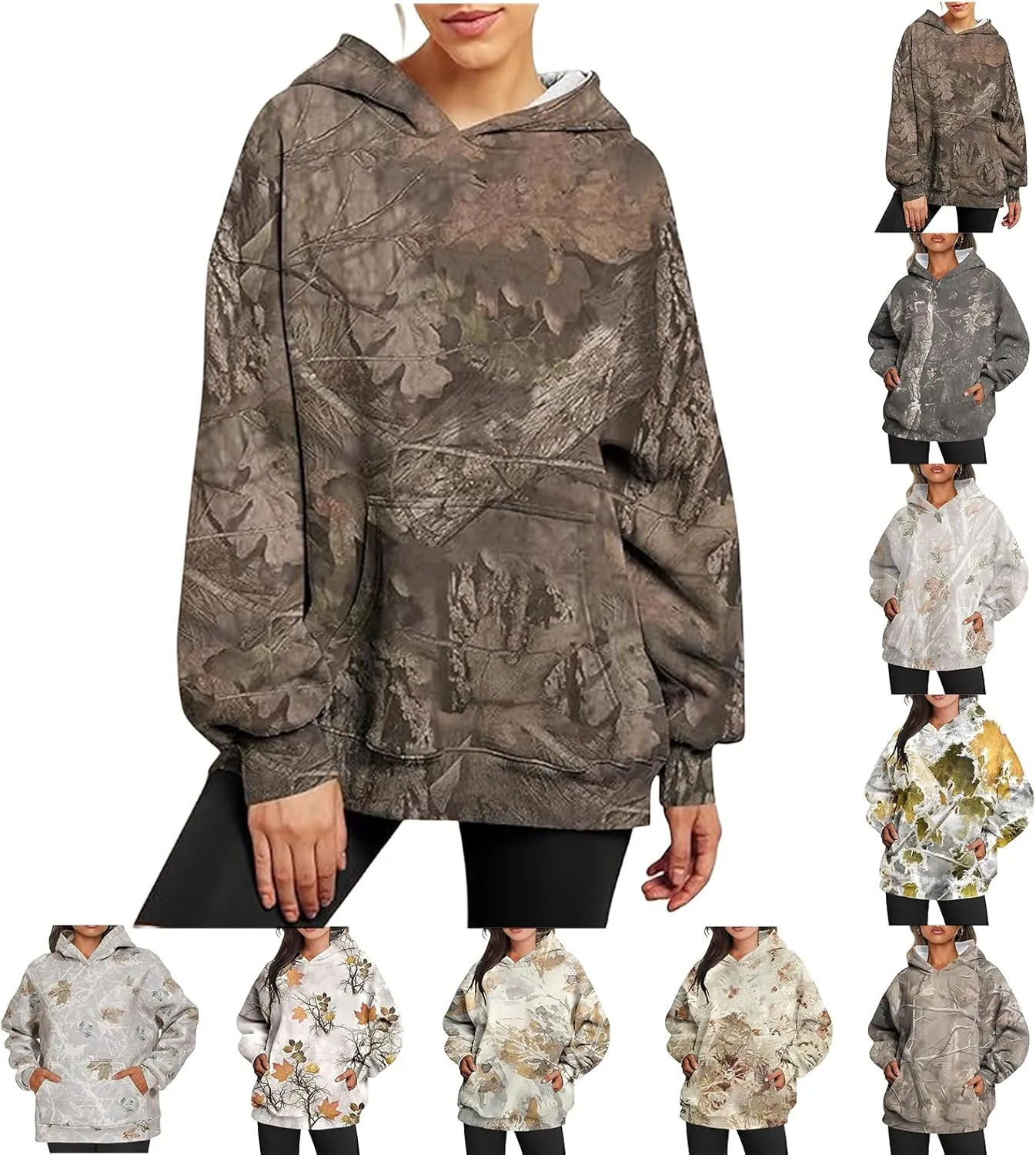 Light Camo Hoodie Womens Graphic Maple Leaf Print Sweatshirt for Women Trendy Oversized Fleece Hoodies with Pockets