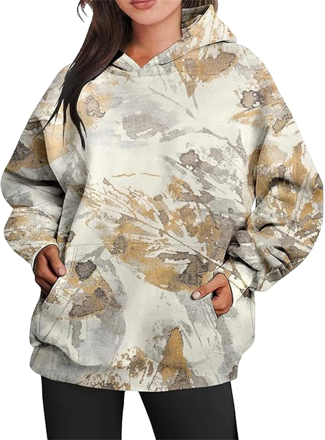 Light Camo Hoodie Womens Graphic Maple Leaf Print Sweatshirt for Women Trendy Oversized Fleece Hoodies with Pockets