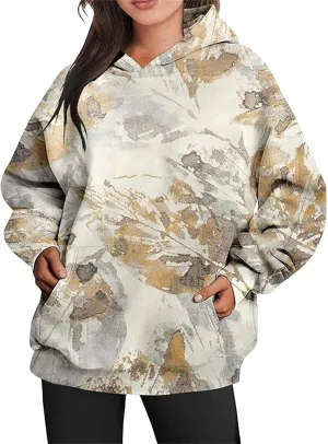 Light Camo Hoodie Womens Graphic Maple Leaf Print Sweatshirt for Women Trendy Oversized Fleece Hoodies with Pockets