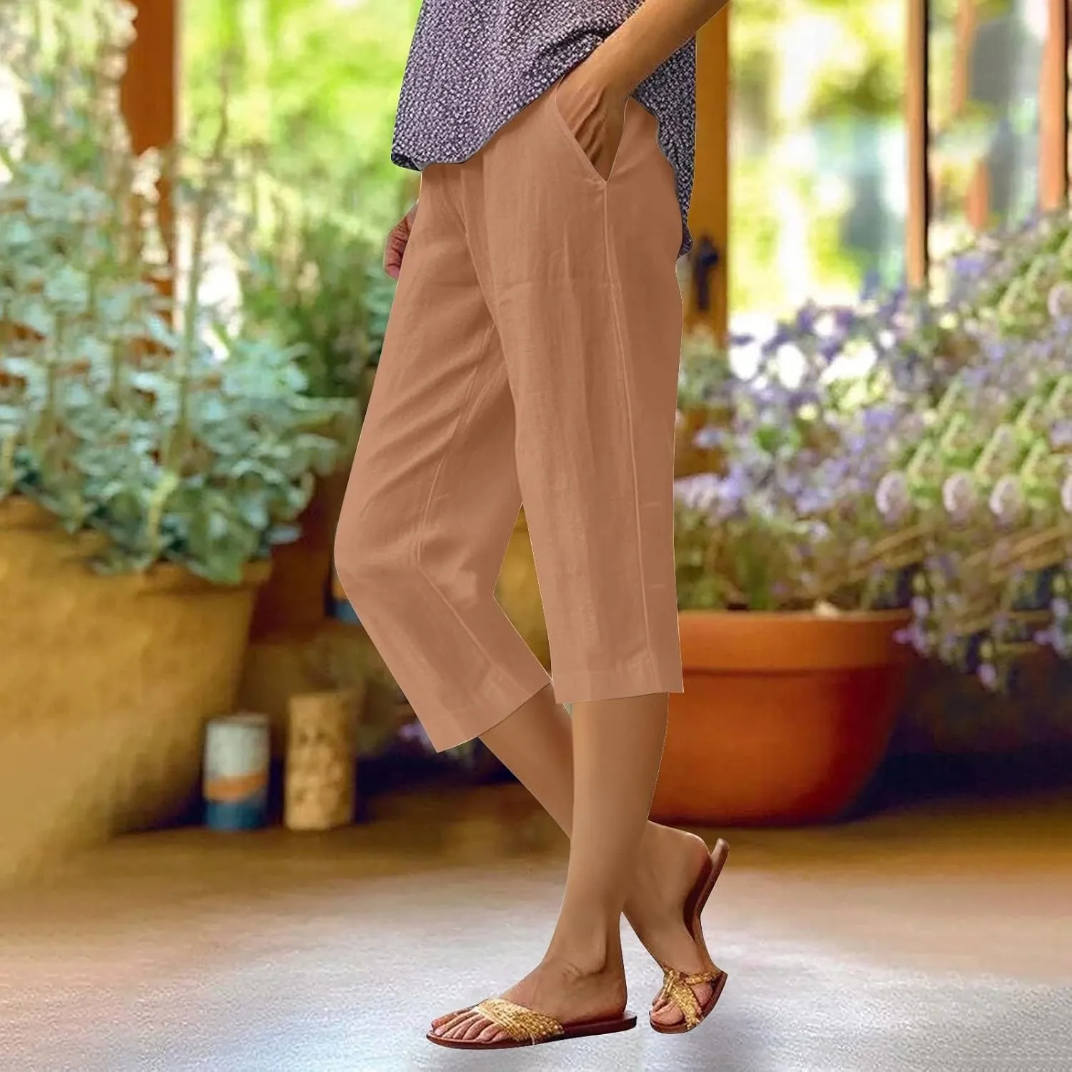 Linen Pants Women,Summer Capri Casual Drawstring Elastic Waist,Straight Wide Leg Pants Cotton Trousers with Pocket